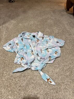 Disney The Muses Pastel Blue & Pink Cloud Print Tie-Front Crop Top